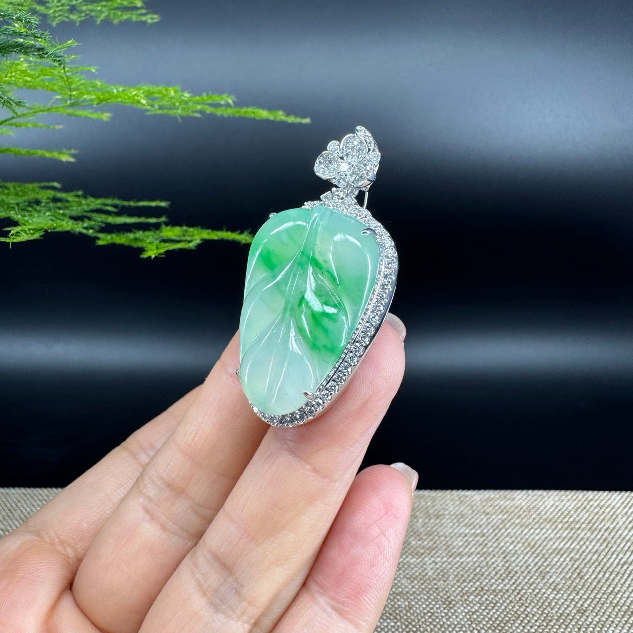High end genuine Ice Green Jadeite Jade Jin Zhi Yu Ye (Leaf) Necklace With Diamond Bail
