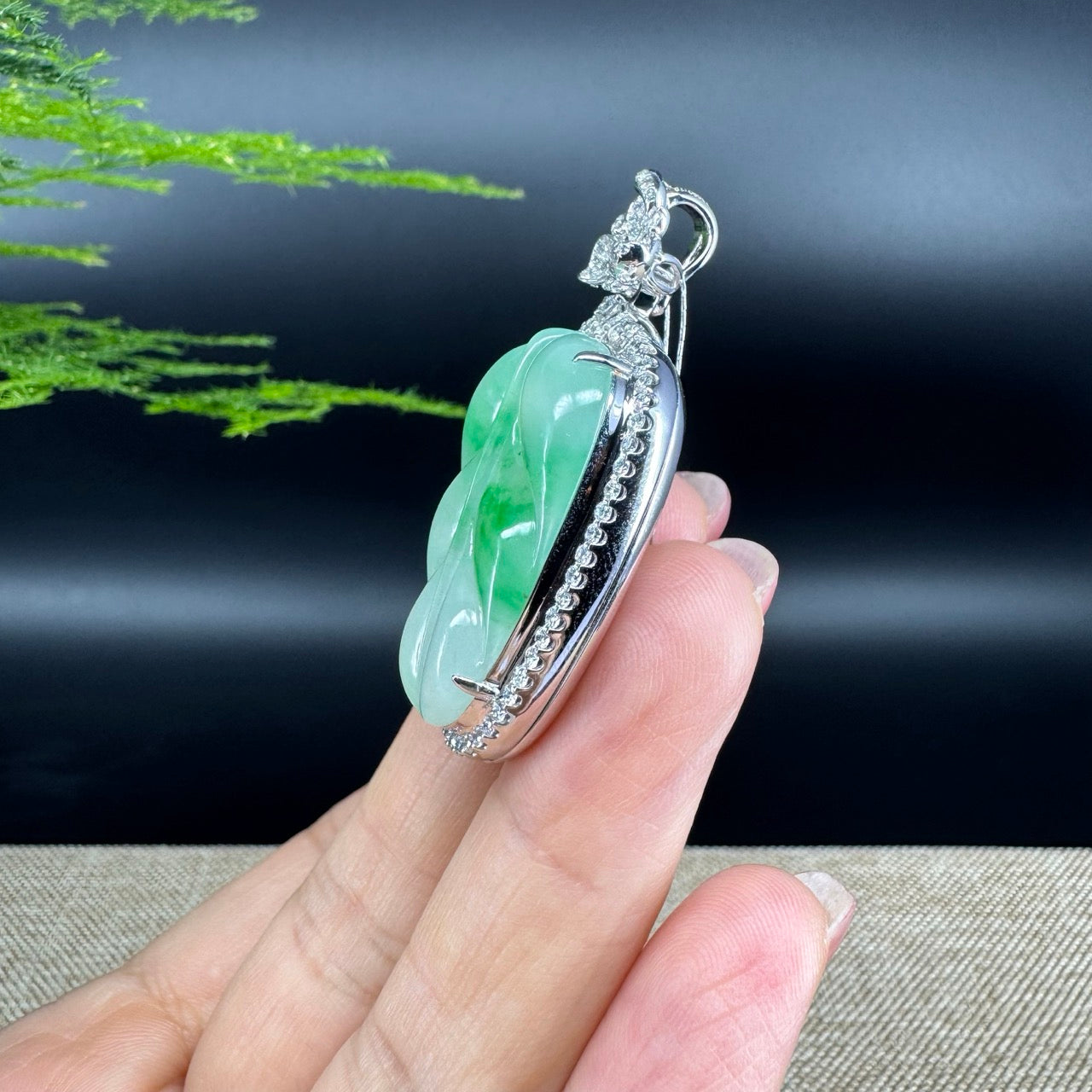 High end genuine Ice Green Jadeite Jade Jin Zhi Yu Ye (Leaf) Necklace With Diamond Bail