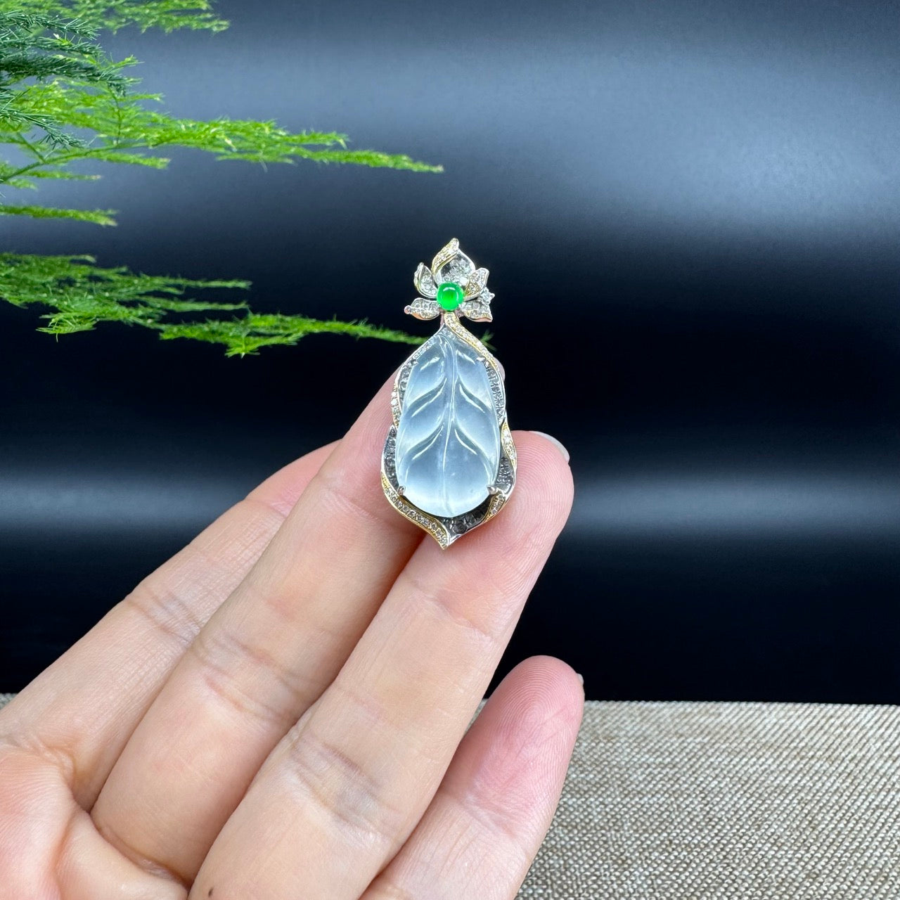 High end RealJade® Co. Genuine Ice Jadeite Jade Jin Zhi Yu Ye (Leaf) Necklace