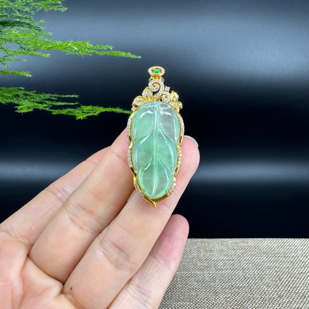 High end genuine Green Jadeite Jade Jin Zhi Yu Ye (Leaf) Necklace With Yellow Gold Diamond Bail