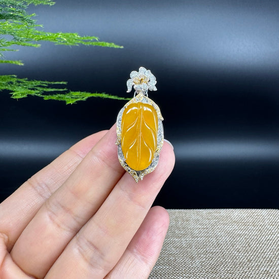 High end genuine Yellow Jadeite Jade Jin Zhi Yu Ye (Leaf) Necklace With Gold Diamond Bail