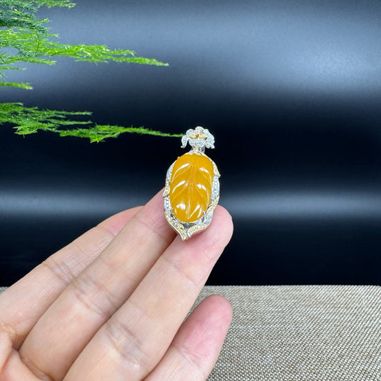 High end genuine Yellow Jadeite Jade Jin Zhi Yu Ye (Leaf) Necklace With Gold Diamond Bail