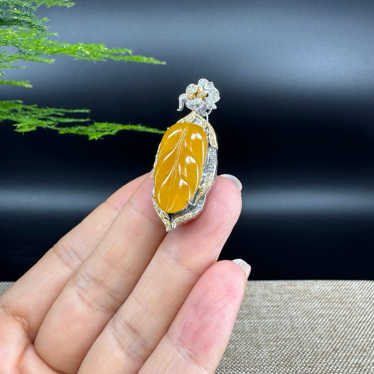 High end genuine Yellow Jadeite Jade Jin Zhi Yu Ye (Leaf) Necklace With Gold Diamond Bail