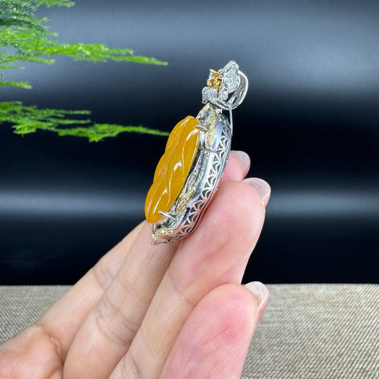 High end genuine Yellow Jadeite Jade Jin Zhi Yu Ye (Leaf) Necklace With Gold Diamond Bail