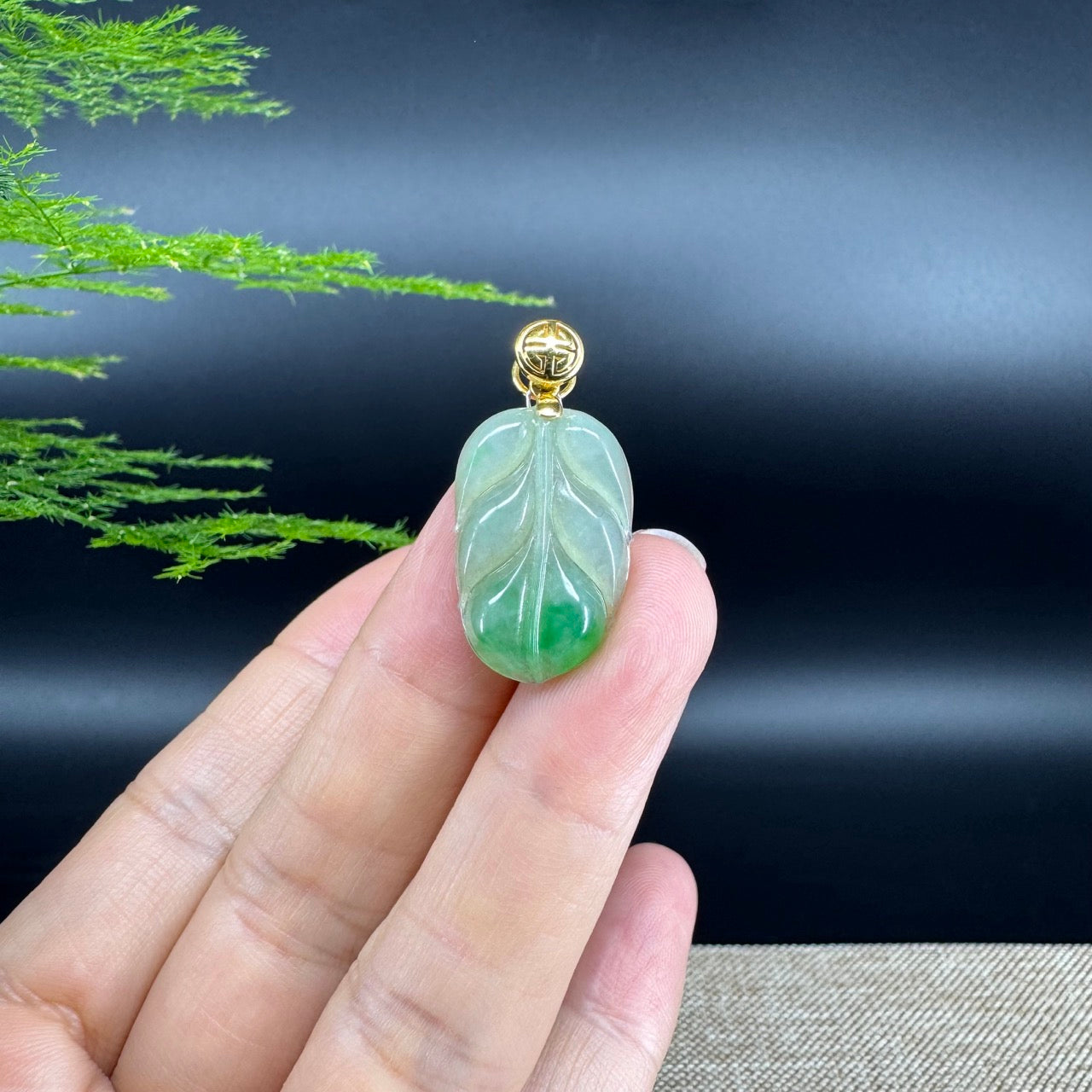 RealJade® Co. Genuine Ice Green Jadeite Jade Jin Zhi Yu Ye (Leaf) Necklace With 18K Yellow Gold Bail