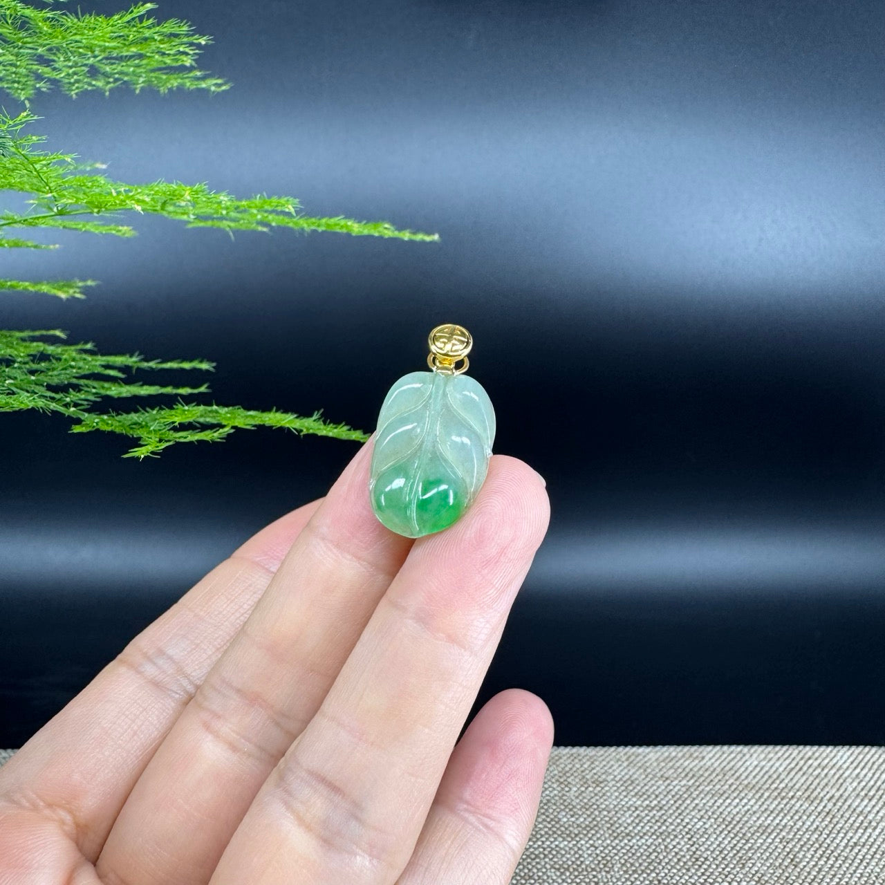 RealJade® Co. Genuine Ice Green Jadeite Jade Jin Zhi Yu Ye (Leaf) Necklace With 18K Yellow Gold Bail