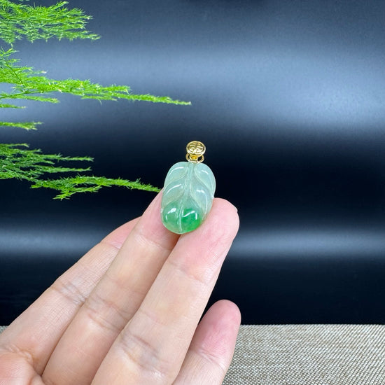 RealJade® Co. Genuine Ice Green Jadeite Jade Jin Zhi Yu Ye (Leaf) Necklace With 18K Yellow Gold Bail