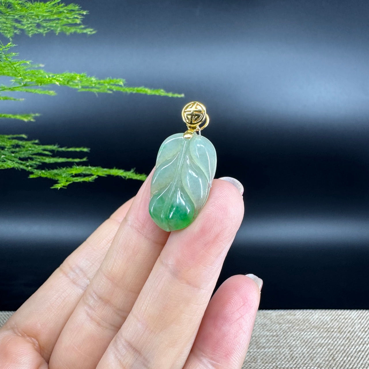 RealJade® Co. Genuine Ice Green Jadeite Jade Jin Zhi Yu Ye (Leaf) Necklace With 18K Yellow Gold Bail