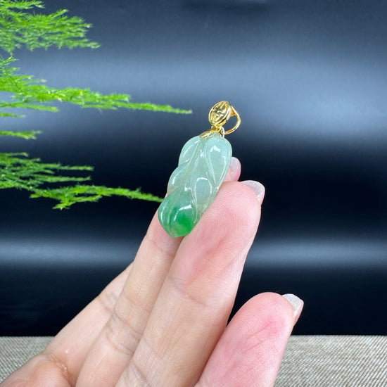 RealJade® Co. Genuine Ice Green Jadeite Jade Jin Zhi Yu Ye (Leaf) Necklace With 18K Yellow Gold Bail