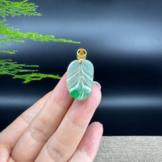 RealJade® Co. Genuine Ice Green Jadeite Jade Jin Zhi Yu Ye (Leaf) Necklace With 18K Yellow Gold Bail