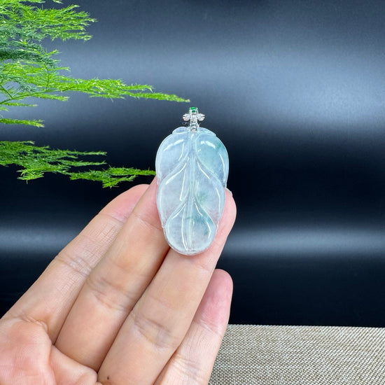 RealJade® Co. Genuine Ice Green Jadeite Jade Jin Zhi Yu Ye (Leaf) Necklace With 18K White Gold Bail