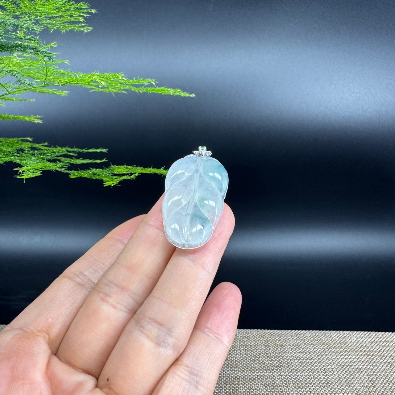 RealJade® Co. Genuine Ice Green Jadeite Jade Jin Zhi Yu Ye (Leaf) Necklace With 18K White Gold Bail