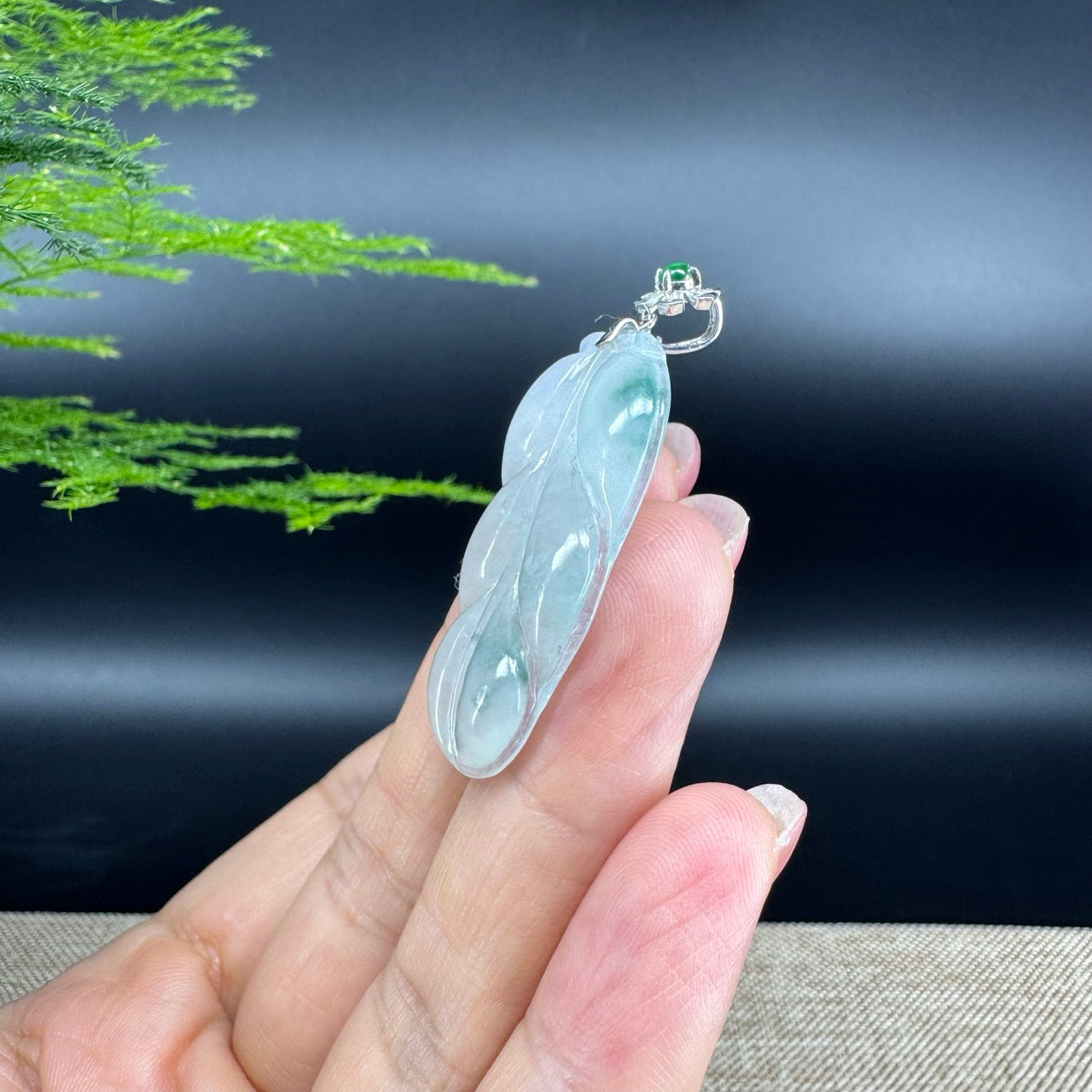 RealJade® Co. Genuine Ice Green Jadeite Jade Jin Zhi Yu Ye (Leaf) Necklace With 18K White Gold Bail