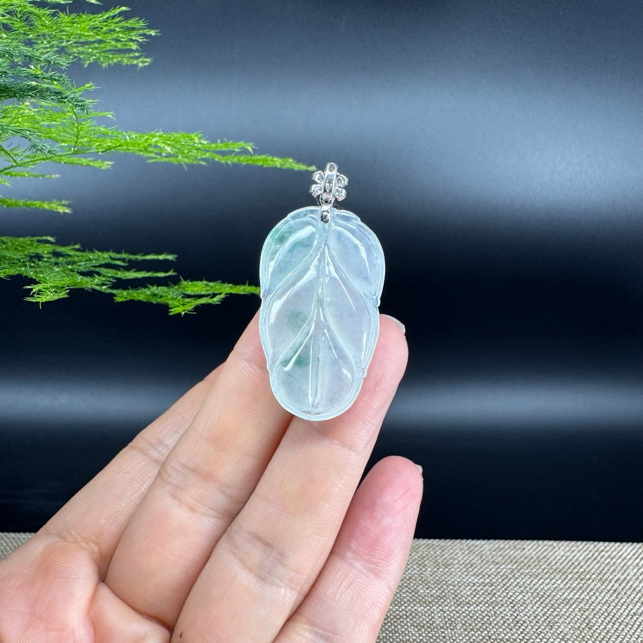 RealJade® Co. Genuine Ice Green Jadeite Jade Jin Zhi Yu Ye (Leaf) Necklace With 18K White Gold Bail