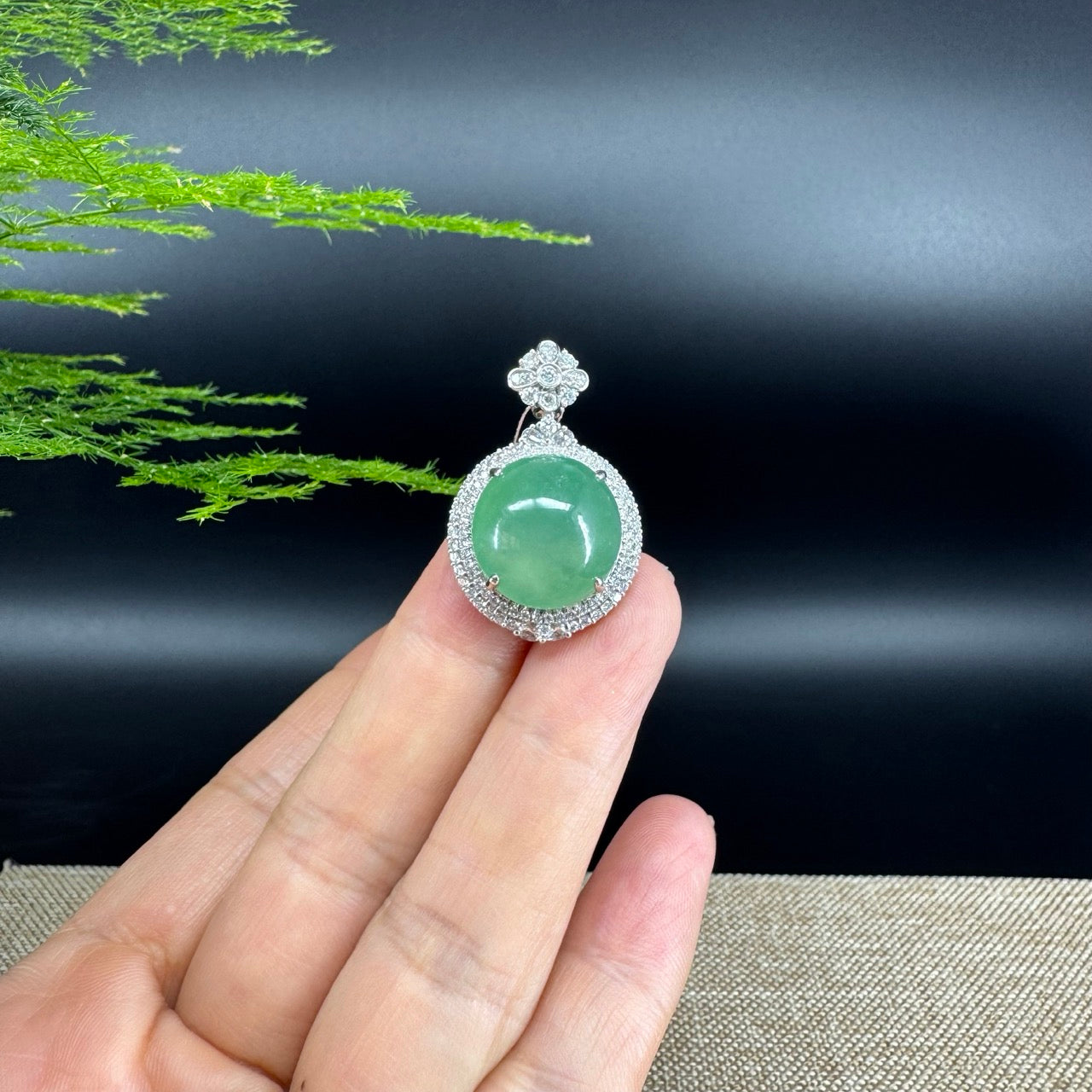 18K White Gold Imperial Jadeite Jade Cabochon Necklace with Diamonds
