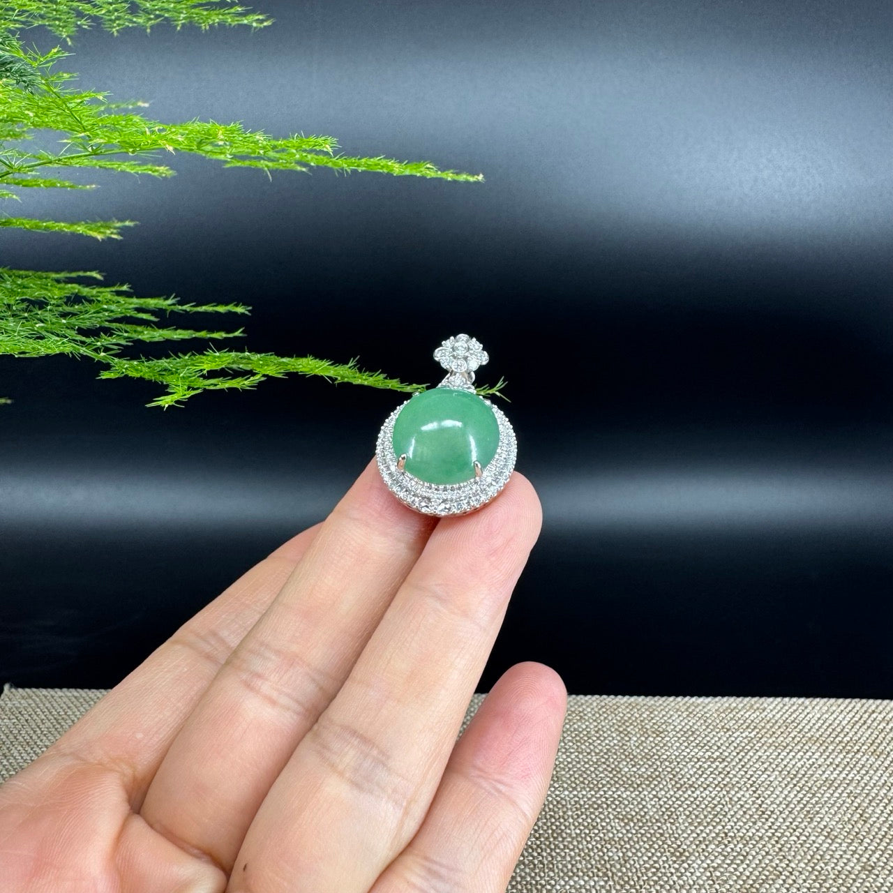 18K White Gold Imperial Jadeite Jade Cabochon Necklace with Diamonds
