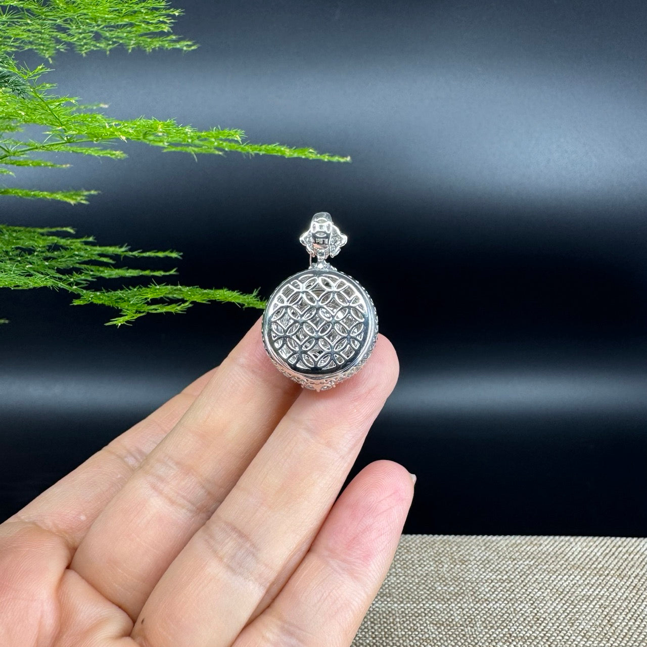 18K White Gold Imperial Jadeite Jade Cabochon Necklace with Diamonds