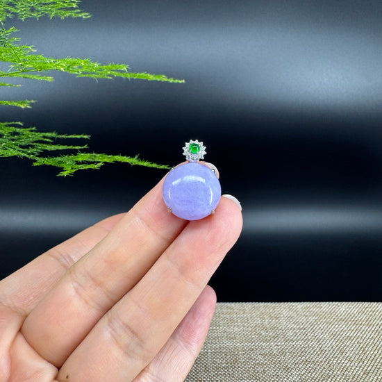 RealJade® Co. Luxury Genuine Lavender Jadeite Jade Cabochon Necklace With 18K White Gold Bail