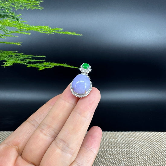 RealJade® Co. Luxury Genuine Lavender Jadeite Jade Cabochon  Necklace With 18K White Gold Bail