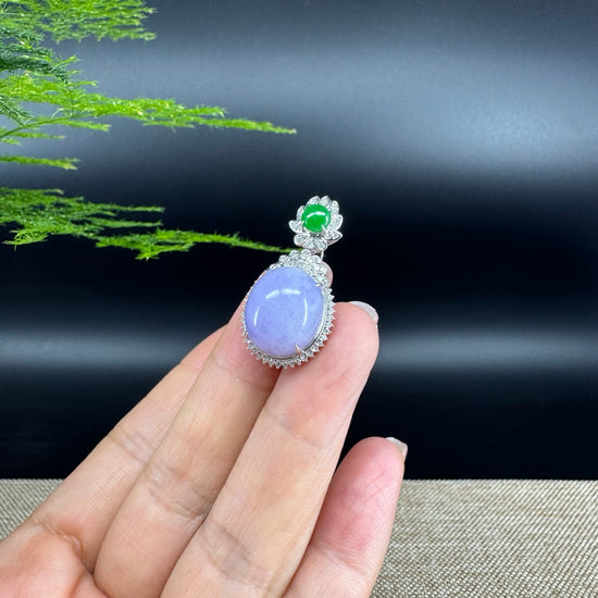 RealJade® Co. Luxury Genuine Lavender Jadeite Jade Cabochon  Necklace With 18K White Gold Bail