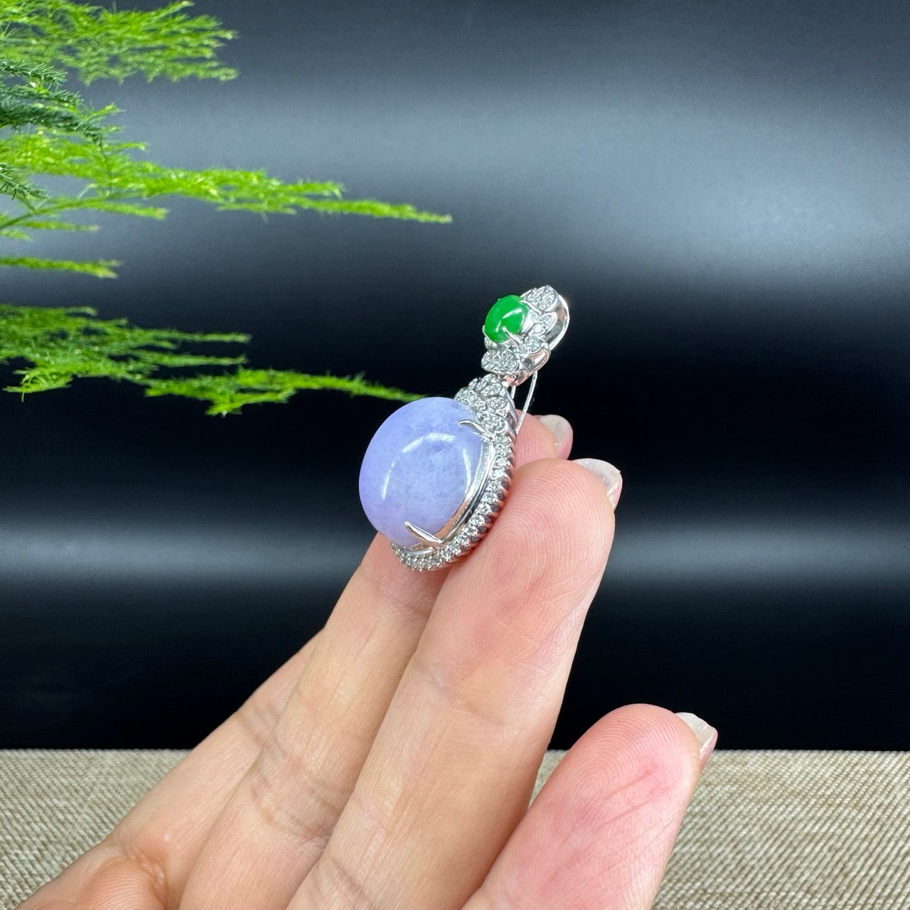 RealJade® Co. Luxury Genuine Lavender Jadeite Jade Cabochon  Necklace With 18K White Gold Bail