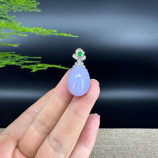 RealJade® Co. Luxury Genuine Lavender Jadeite Jade Cabochon Necklace With 18K White Gold Bail