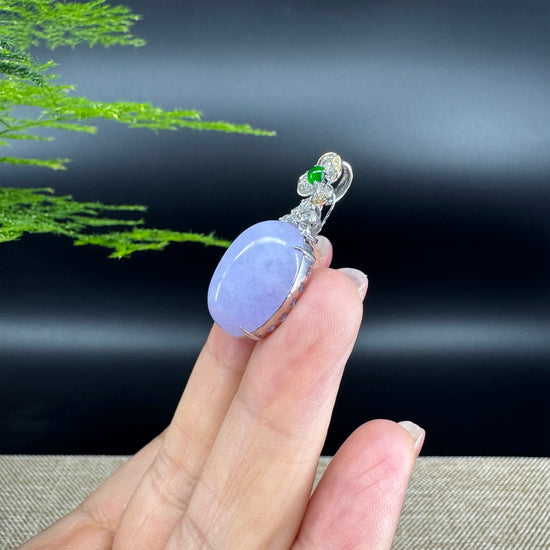 RealJade® Co. Luxury Genuine Lavender Jadeite Jade Cabochon Necklace With 18K White Gold Bail