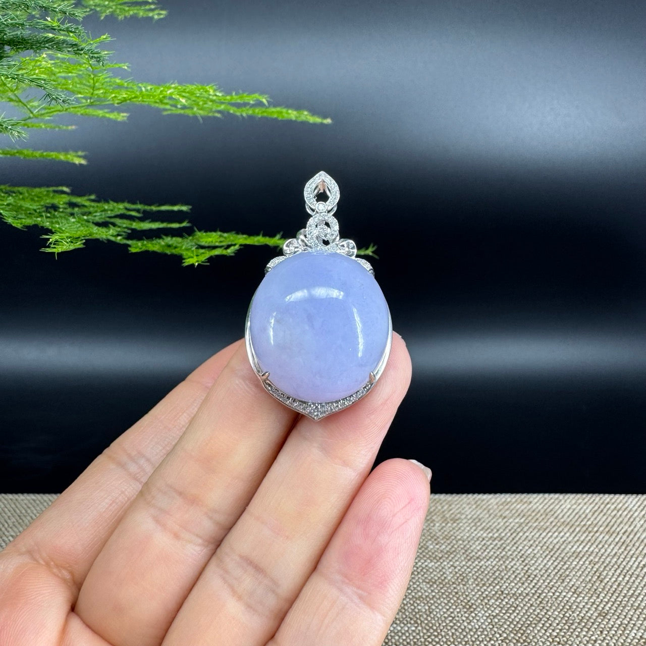 RealJade® Co. Luxury Genuine Lavender Jadeite Jade Cabochon  Necklace With 18K White Gold Diamond Bail