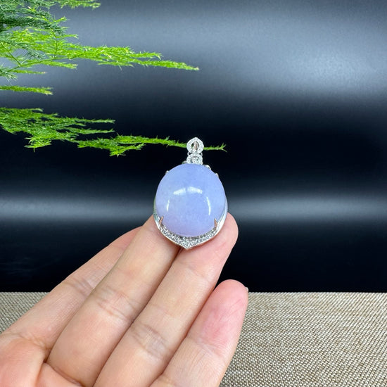 RealJade® Co. Luxury Genuine Lavender Jadeite Jade Cabochon  Necklace With 18K White Gold Diamond Bail