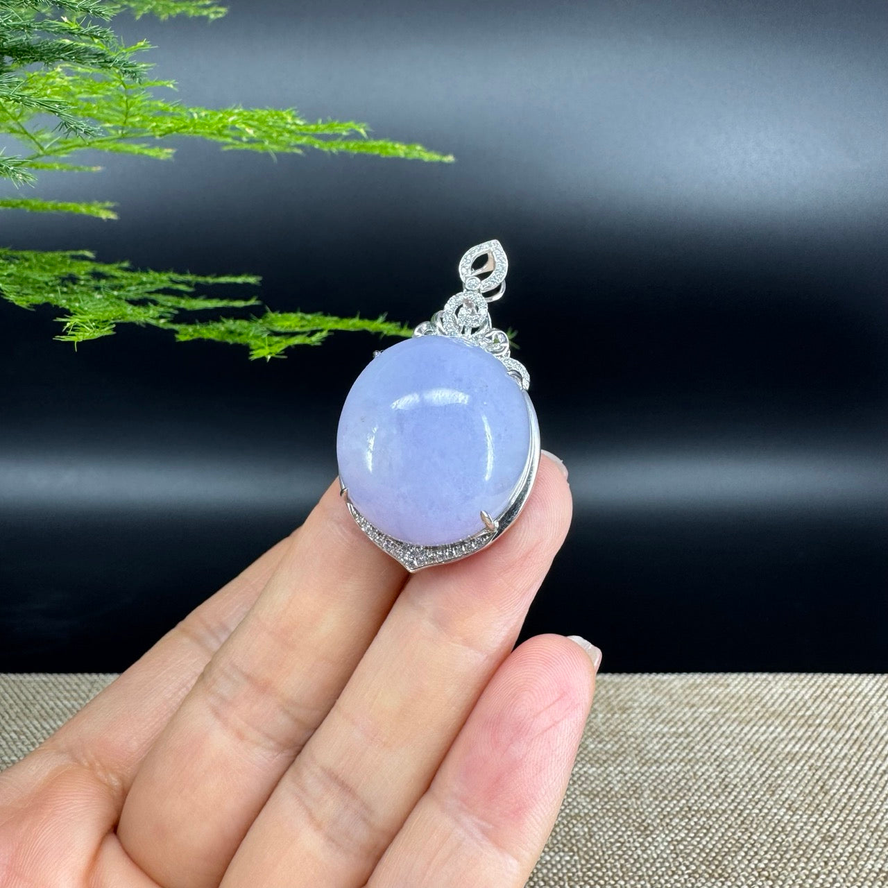 RealJade® Co. Luxury Genuine Lavender Jadeite Jade Cabochon  Necklace With 18K White Gold Diamond Bail