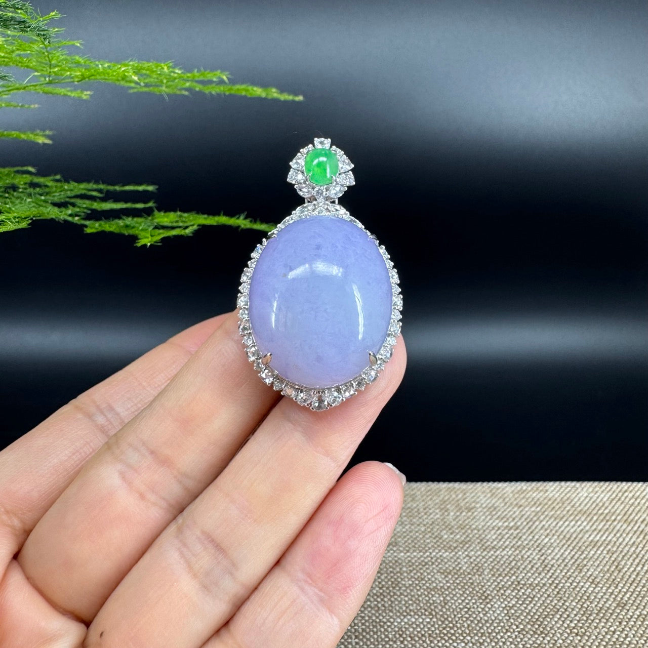 RealJade® Co. Luxury Genuine Lavender Jadeite Jade Cabochon Necklace With 18K White Gold Diamond Bail