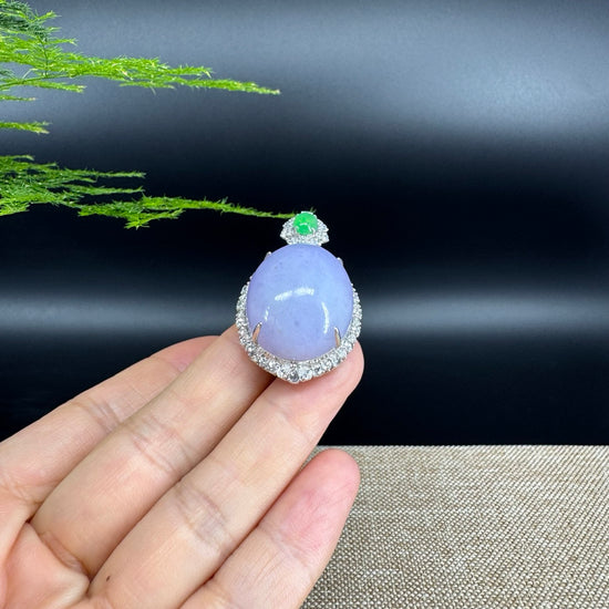 RealJade® Co. Luxury Genuine Lavender Jadeite Jade Cabochon Necklace With 18K White Gold Diamond Bail