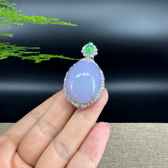 RealJade® Co. Luxury Genuine Lavender Jadeite Jade Cabochon Necklace With 18K White Gold Diamond Bail
