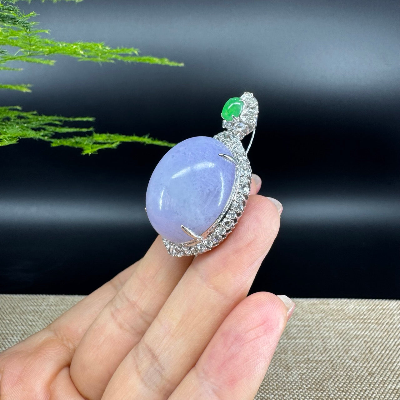 RealJade® Co. Luxury Genuine Lavender Jadeite Jade Cabochon Necklace With 18K White Gold Diamond Bail