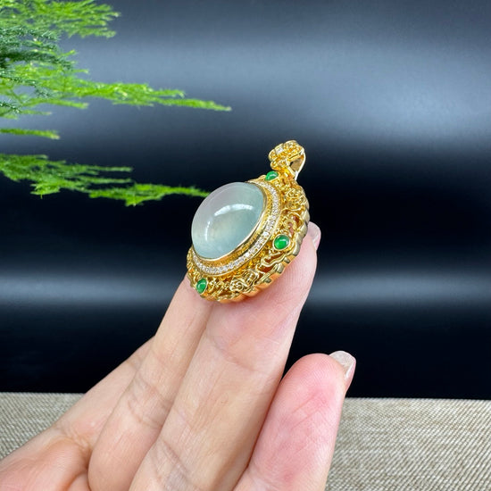 RealJade® Co. High-end Genuine Icy Green Jadeite Jade Necklace With 18K Yellow Gold Bail
