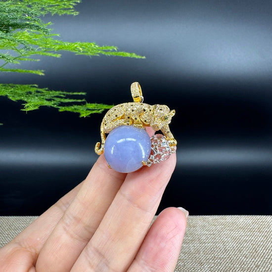 RealJade® Co. High-'end Genuine Lavender Jadeite Jade  Leopard Necklace With 18K Yellow Gold Diamond Bail