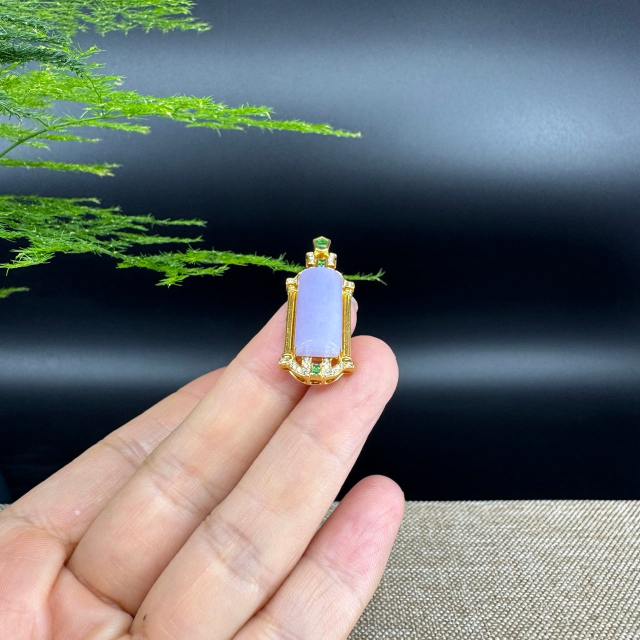 18k Yellow Gold Genuine Burmese Jadeite Bamboo Pendant Necklace With Diamond