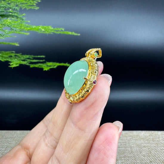 RealJade® Co. High-end Genuine Icy Green Jadeite Jade  Necklace With 18K Yellow Gold Bail