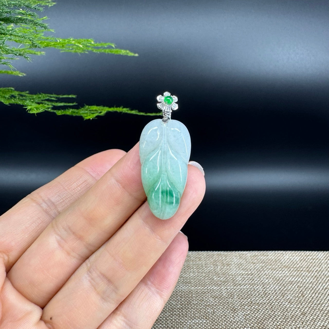 RealJade® Co. Genuine Ice Green Jadeite Jade Jin Zhi Yu Ye (Leaf) Necklace With 18K White Gold Bail