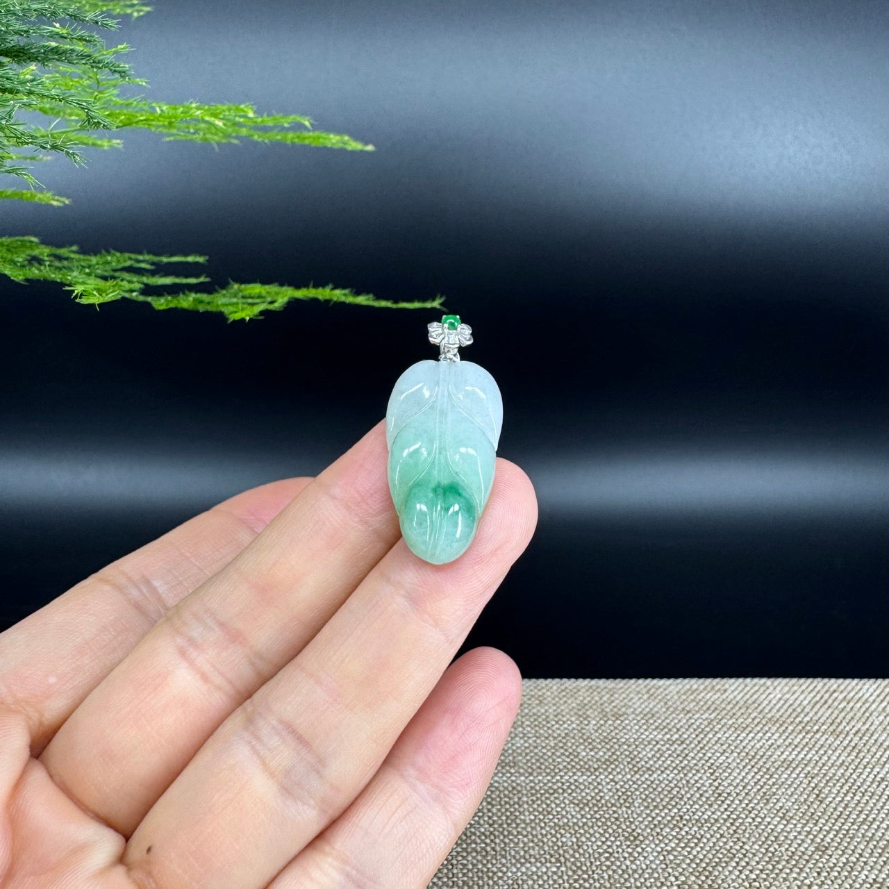 RealJade® Co. Genuine Ice Green Jadeite Jade Jin Zhi Yu Ye (Leaf) Necklace With 18K White Gold Bail