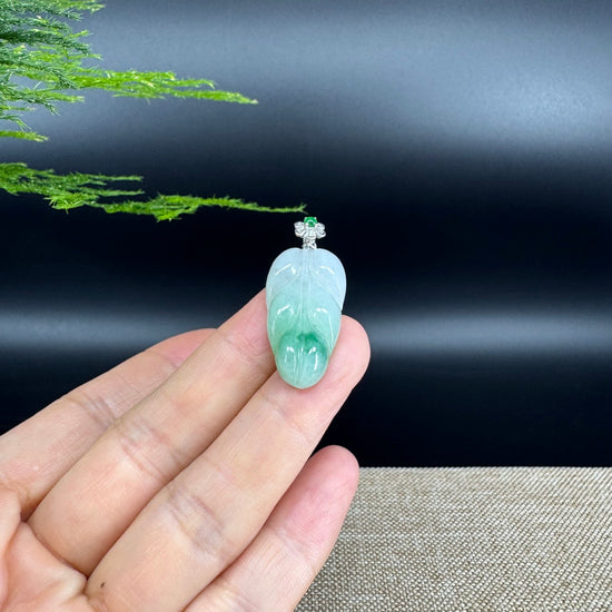 RealJade® Co. Genuine Ice Green Jadeite Jade Jin Zhi Yu Ye (Leaf) Necklace With 18K White Gold Bail