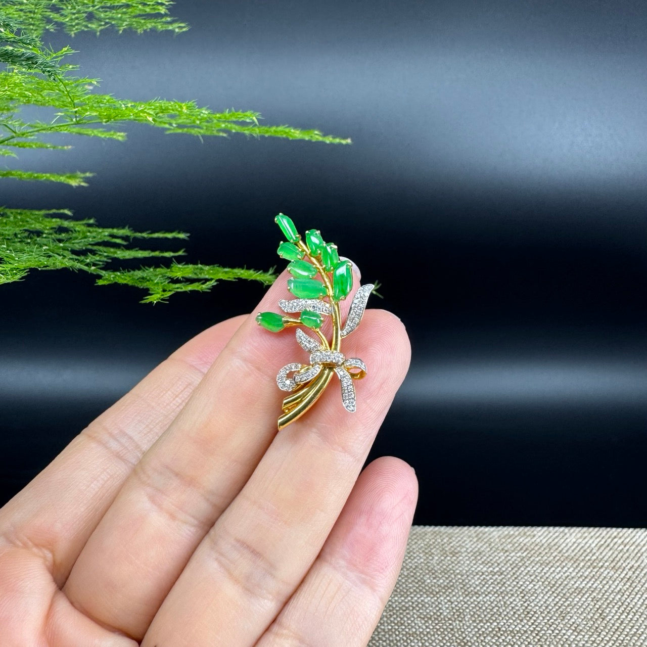 RealJade® Co. 18K Yellow Gold Genuine Imperial Jadeite Jade Brooch with Diamonds