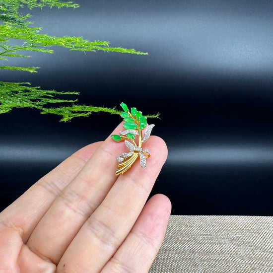 RealJade® Co. 18K Yellow Gold Genuine Imperial Jadeite Jade Brooch with Diamonds