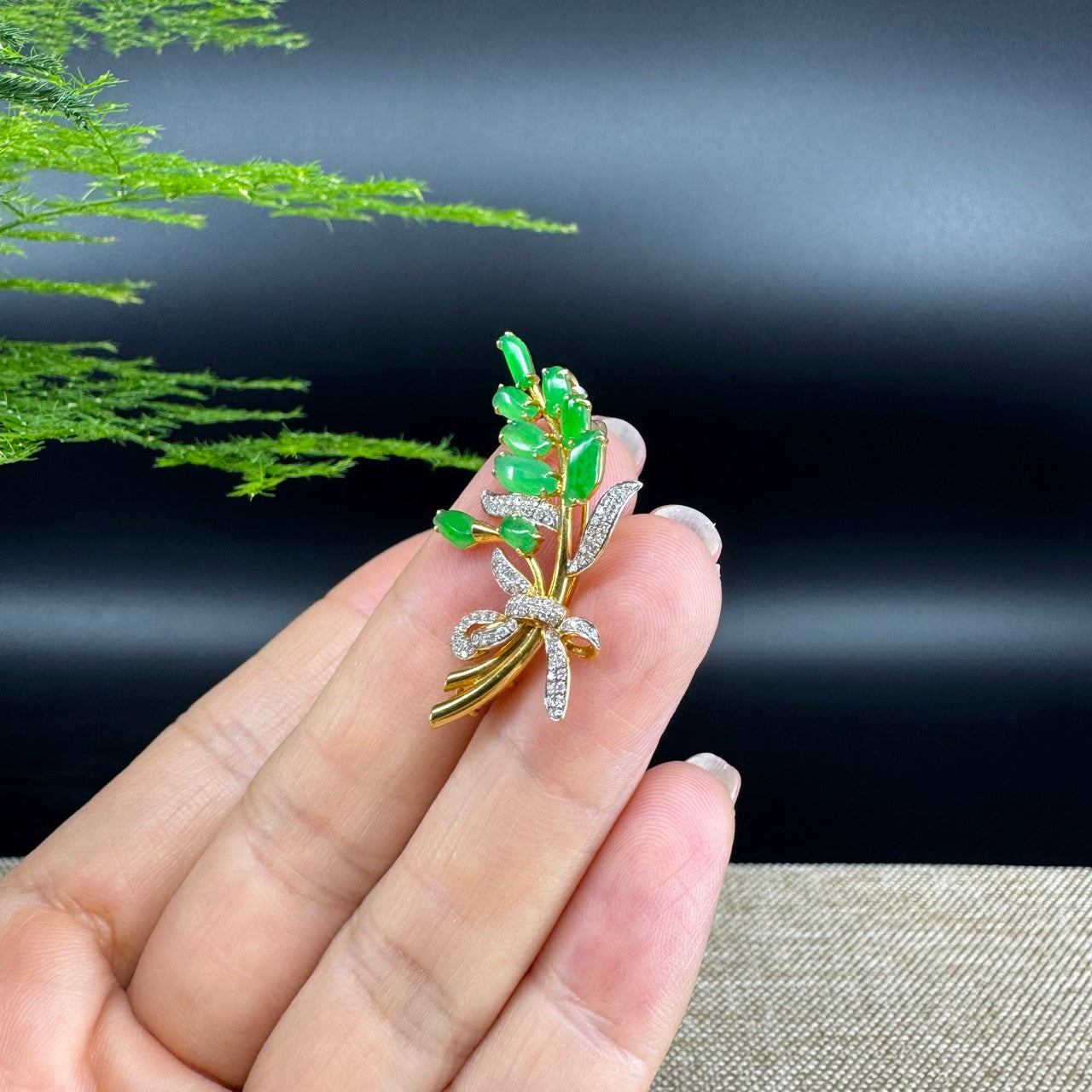 RealJade® Co. 18K Yellow Gold Genuine Imperial Jadeite Jade Brooch with Diamonds