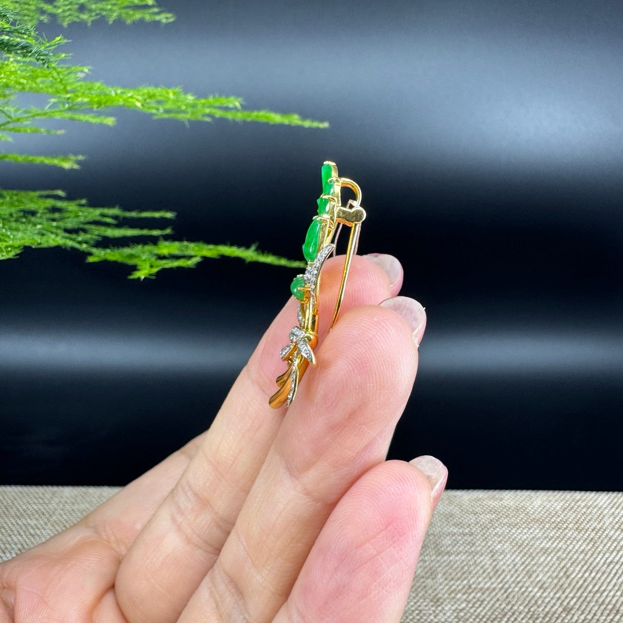 RealJade® Co. 18K Yellow Gold Genuine Imperial Jadeite Jade Brooch with Diamonds