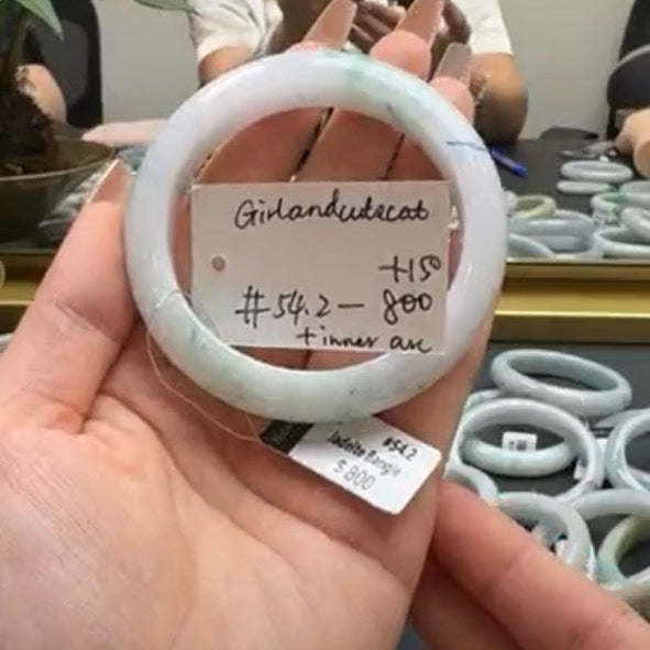 "Live" Natural  White Blue Flower Jadeite Jade Cherry Blossom Bangle(Inner Arc,Final)(05/23/26)