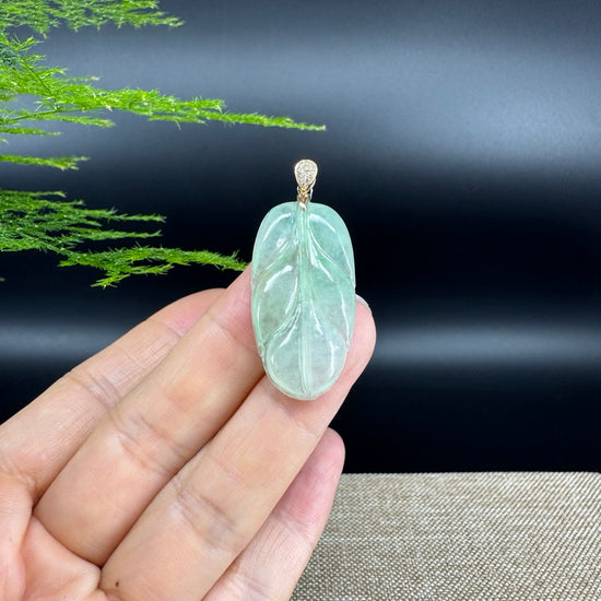 RealJade® Co. Genuine Ice Green Jadeite Jade Jin Zhi Yu Ye (Leaf) Necklace With 18K Rose Gold Bail