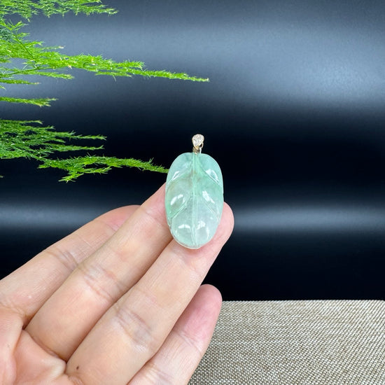 RealJade® Co. Genuine Ice Green Jadeite Jade Jin Zhi Yu Ye (Leaf) Necklace With 18K Rose Gold Bail