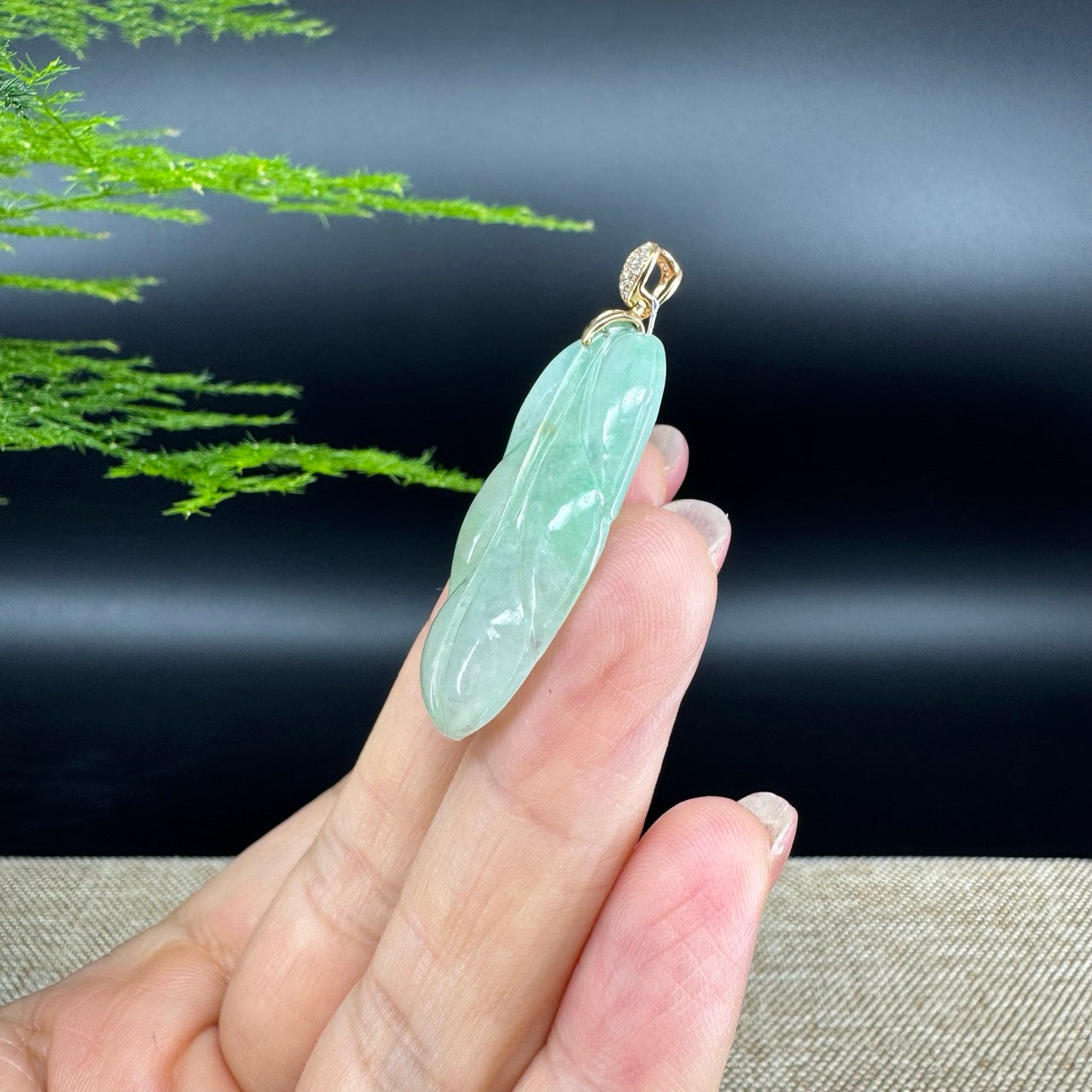 RealJade® Co. Genuine Ice Green Jadeite Jade Jin Zhi Yu Ye (Leaf) Necklace With 18K Rose Gold Bail