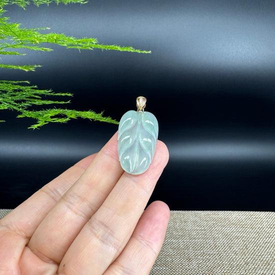 RealJade® Co. Genuine Ice Green Jadeite Jade Jin Zhi Yu Ye (Leaf) Necklace With 18K Rose Gold Bail